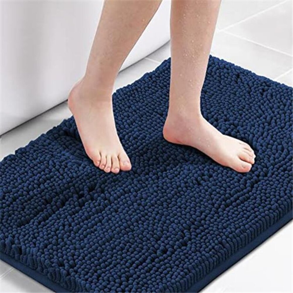 Navy Blue Bath Rug Chenille Non Slip Bath Mat Soft Absorbent Plush Bathroom Rug